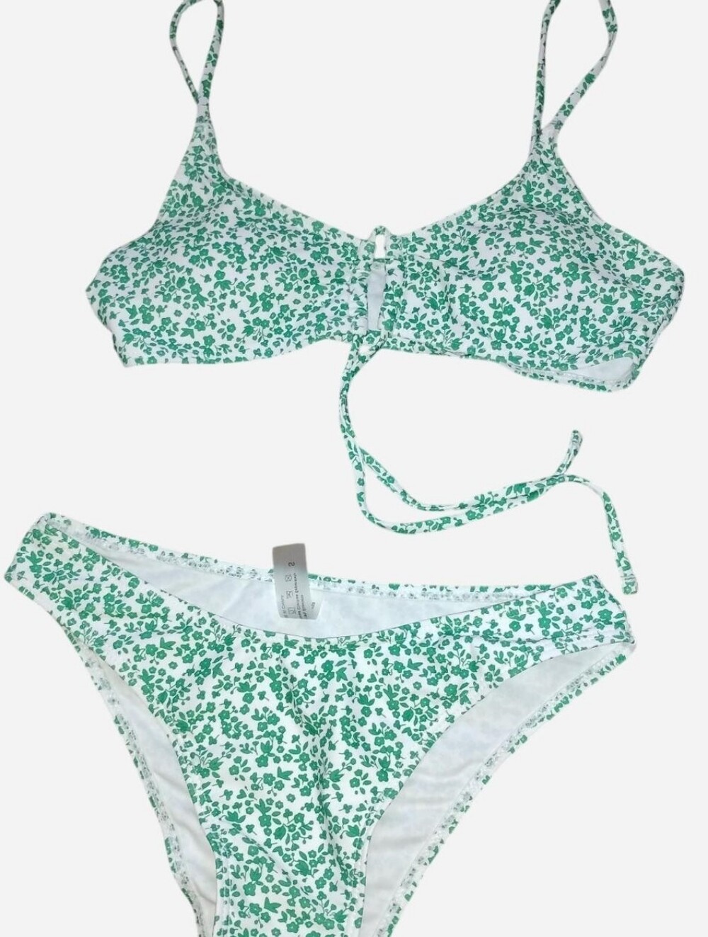 Two-Piece Floral Bikini Set - Green & White Clover/Flower Print - Size Small